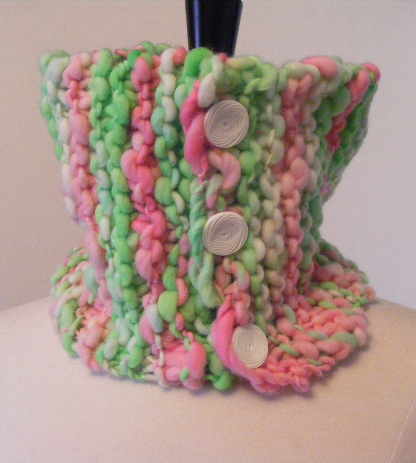 Hand Knit Cowl / Neon Pink and Green Cowl / Hand Spun Art Yarn Cowl / Preppy Cowl