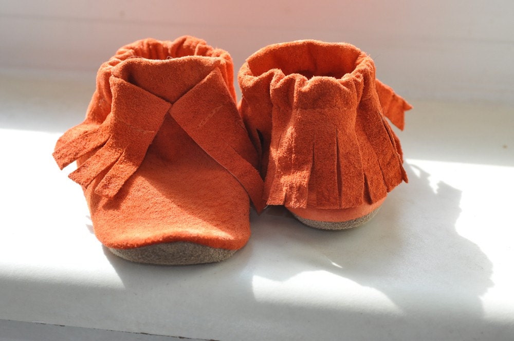 Orange Moccasins, soft sole shoes for babies and toddlers