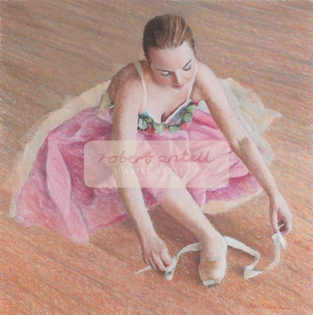 Ballerina tying pointe shoes signed limited edition giclee print. Fits IKEA frames