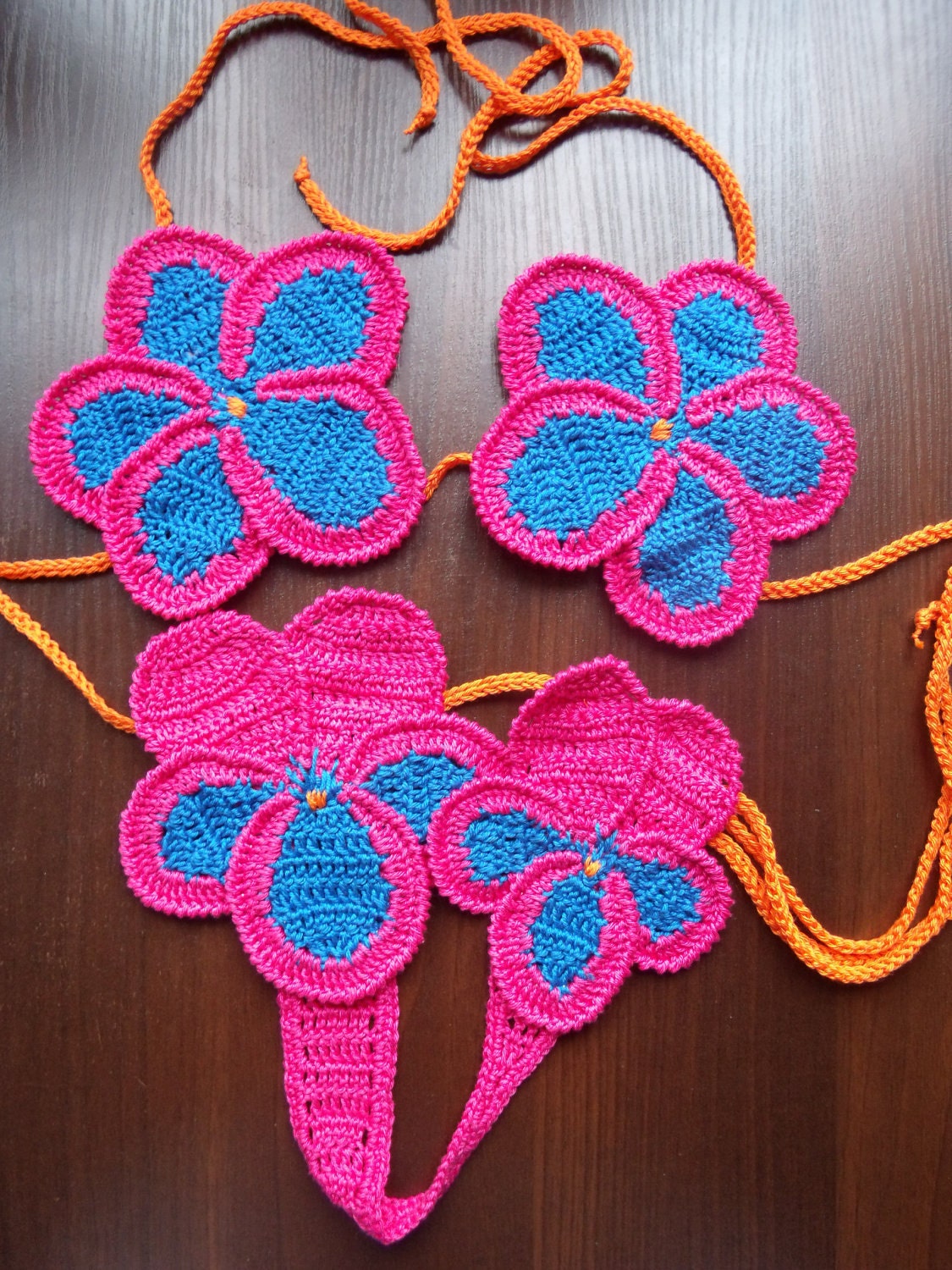 Hand crochet pansy flower orchid bikini in hot pink blue and orange colors