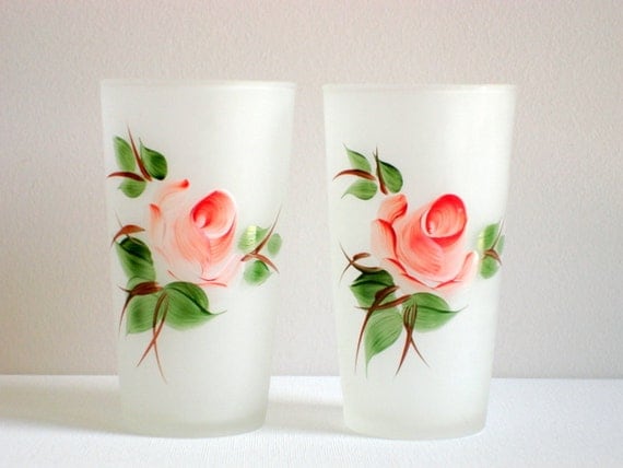 Hazel Atlas Frosted Glass Tumblers (2) with Pink Roses