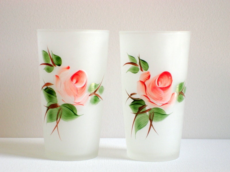 Hazel Atlas Frosted Glass Tumblers (2) with Pink Roses