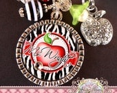 TEACHER GIFT PERSONALIZED Name Bezel Necklace, Zebra Print, Apple, Bottle Cap Bottlecap (or Keychain)-Teacher Appreciation Gift Present