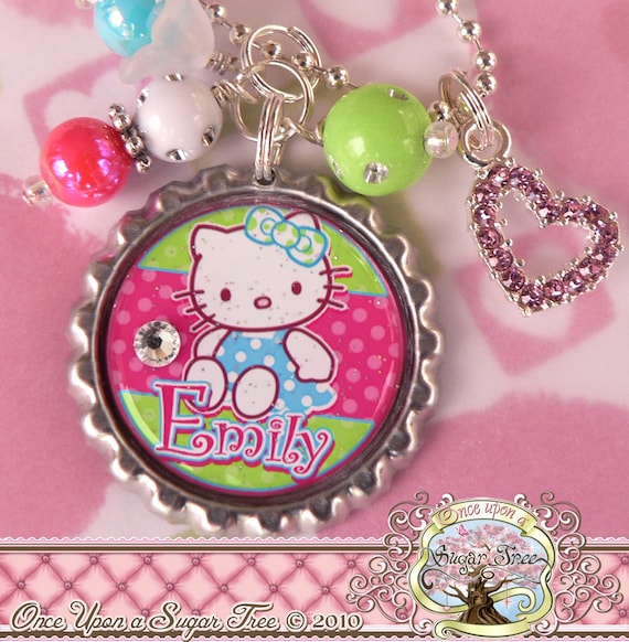 Personalized Hello Kitty Bottle Cap Necklace, Custom Name, Princess Birthday Present, Flower Girl, Heart Charm