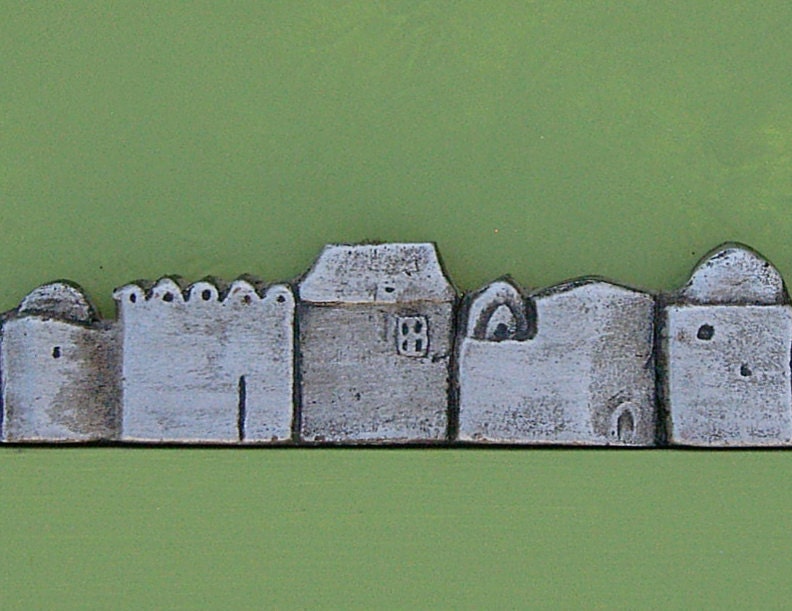 wall hanging- wall art - wall decor - home decor - framed piece - miniature houses - village - city