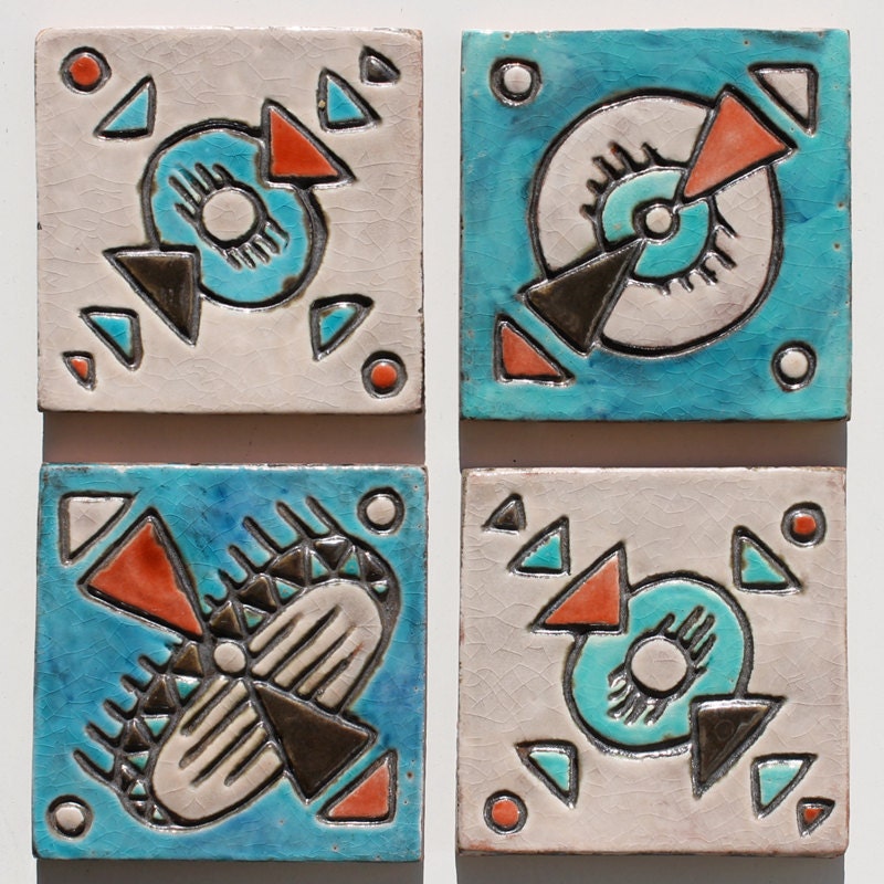 native american tile - colorful trivet - housewares plate - decorative coaster - ceramic - textured - wall art - 'zuni tile 3'