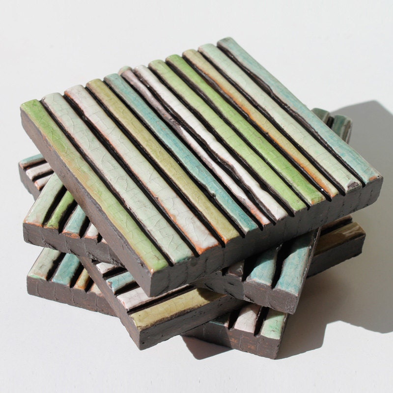 striped tile coaster - wall decor - home decor - terracotta - ceramic- green - blue - table decor - 'espigas '