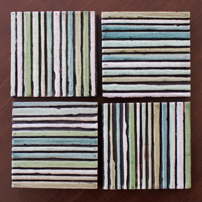striped tile coaster - wall decor - home decor - terracotta - ceramic- green - blue - table decor - 'espigas '