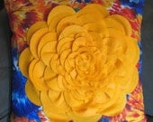 Mustard Yellow Felt Flower on Tie-Dye Pillow Cover. 18x18 inches