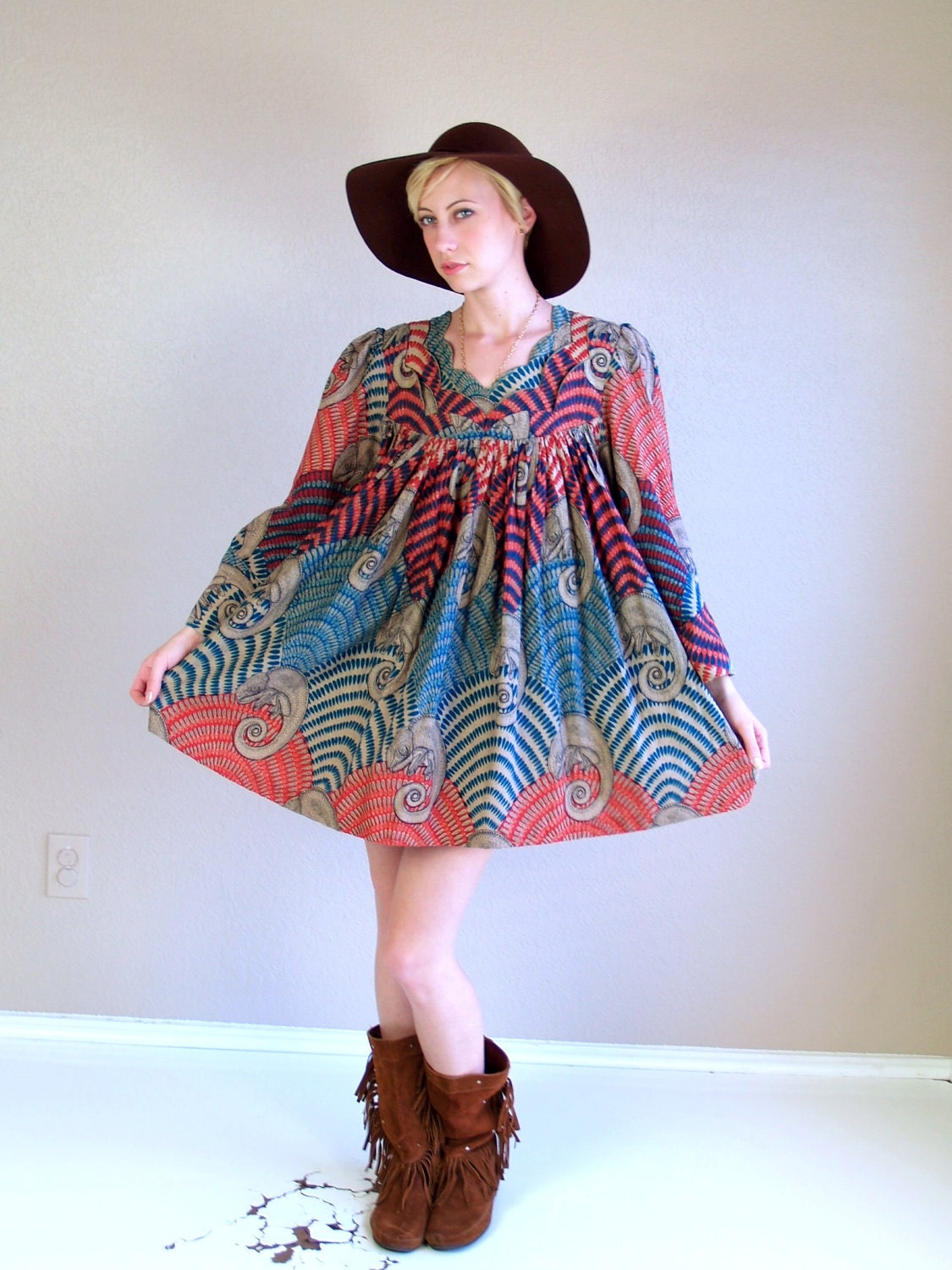 reserved for Heather vtg 70s DRESS batik CHAMELEON PRINT bell sleeve Avant Garde Mini hippie os