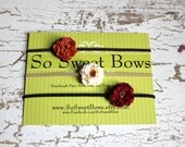 Petite Flower Headband Set, Orange, Peach and Cream, and Deep Red Marigold Flower Headbands, Set of Three Tiny Newborn Headbands.