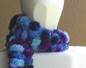 Pom pom scarf neckwarmer long scarf in variegated purple blue navy hand knit over 6 feet in length