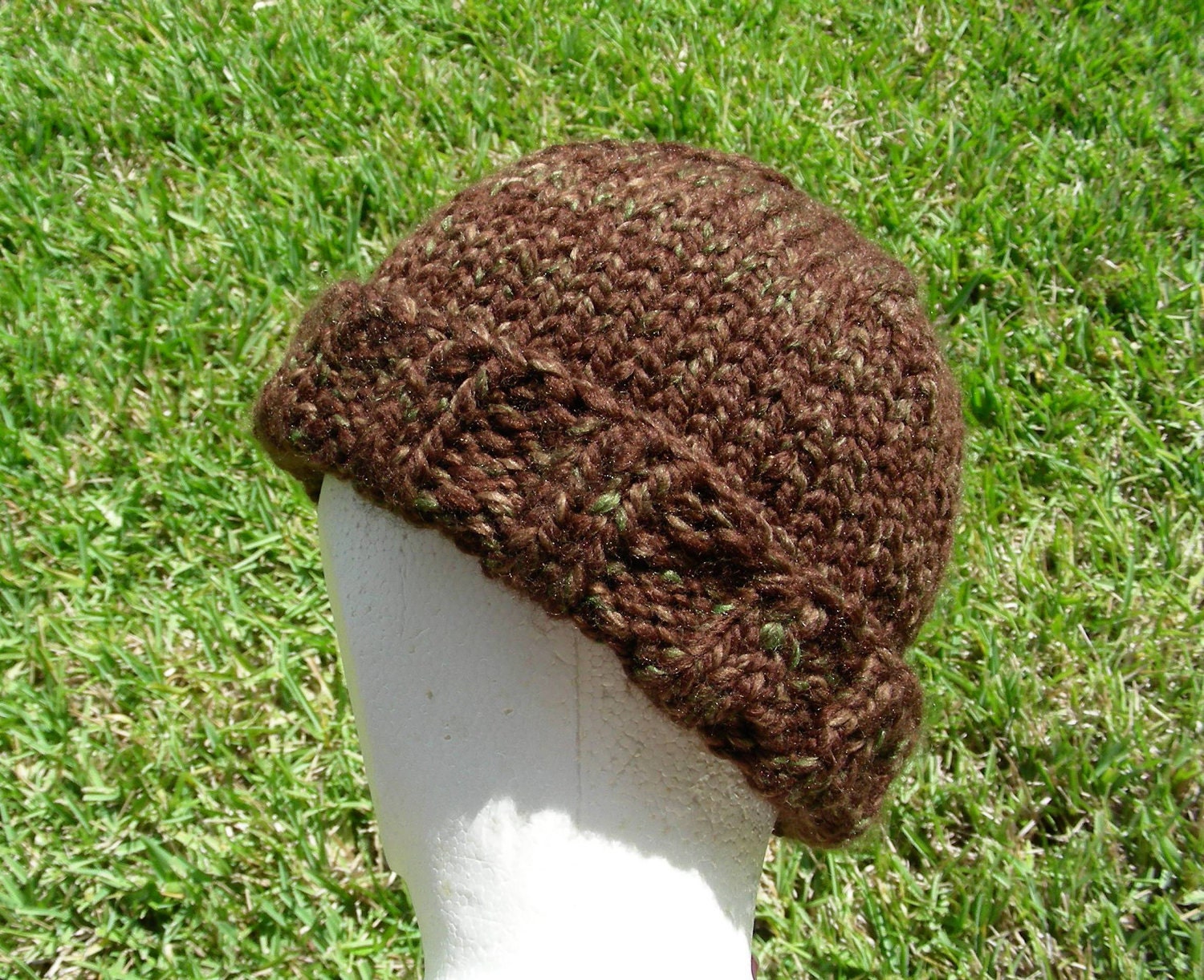 Stocking Cap, Watchcap, Longshoremans Hat, Beanie, Hand Knit Brown Green Mens