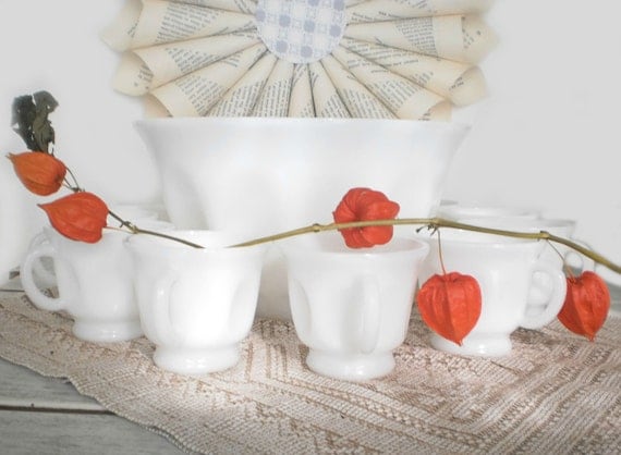 SALE Punch Bowl Holiday Vintage Winter White Milkglass Cups Entertaining Party Under 50