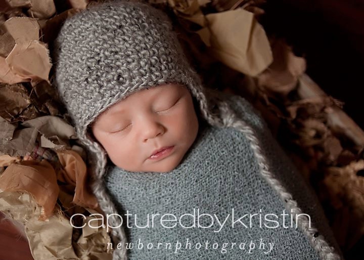 Newborn Infant Hat Grey Earflap Photo Prop Boy two sizes