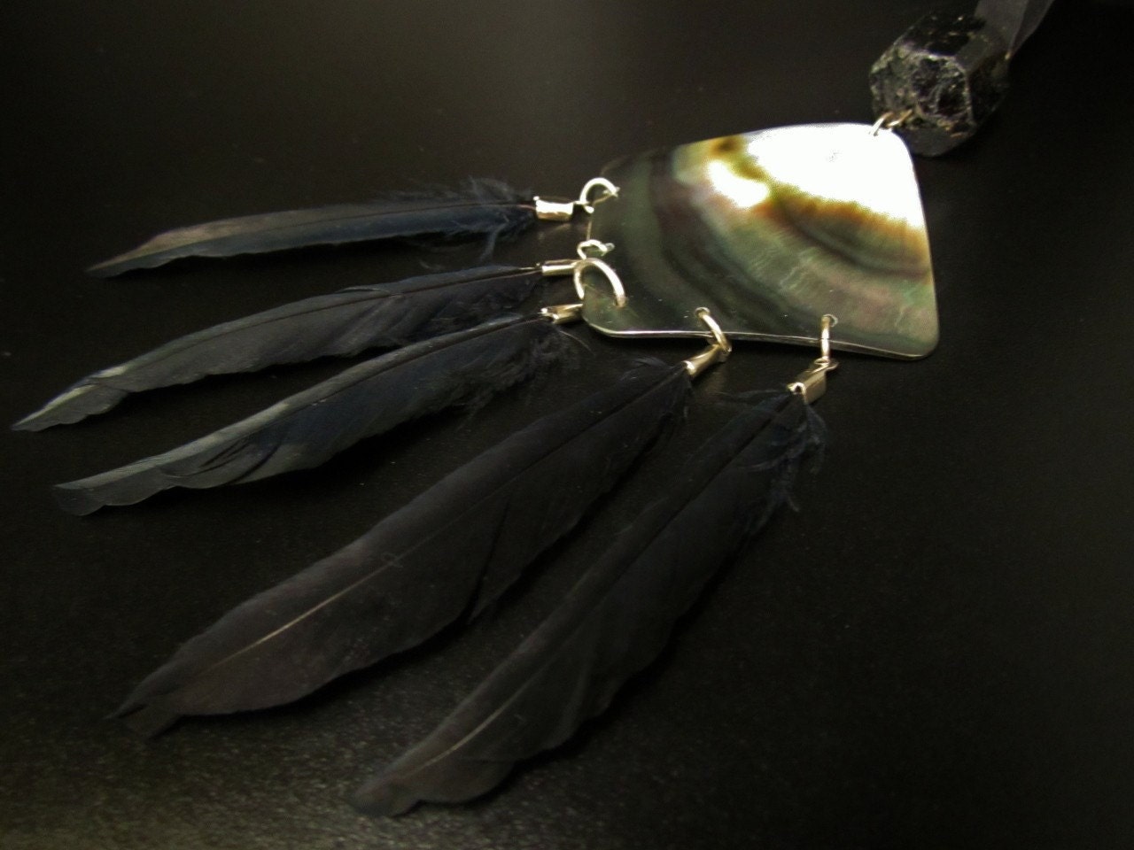 Shell Necklace with Black Tourmaline & Feathers - Handmade by Sharona Nissan