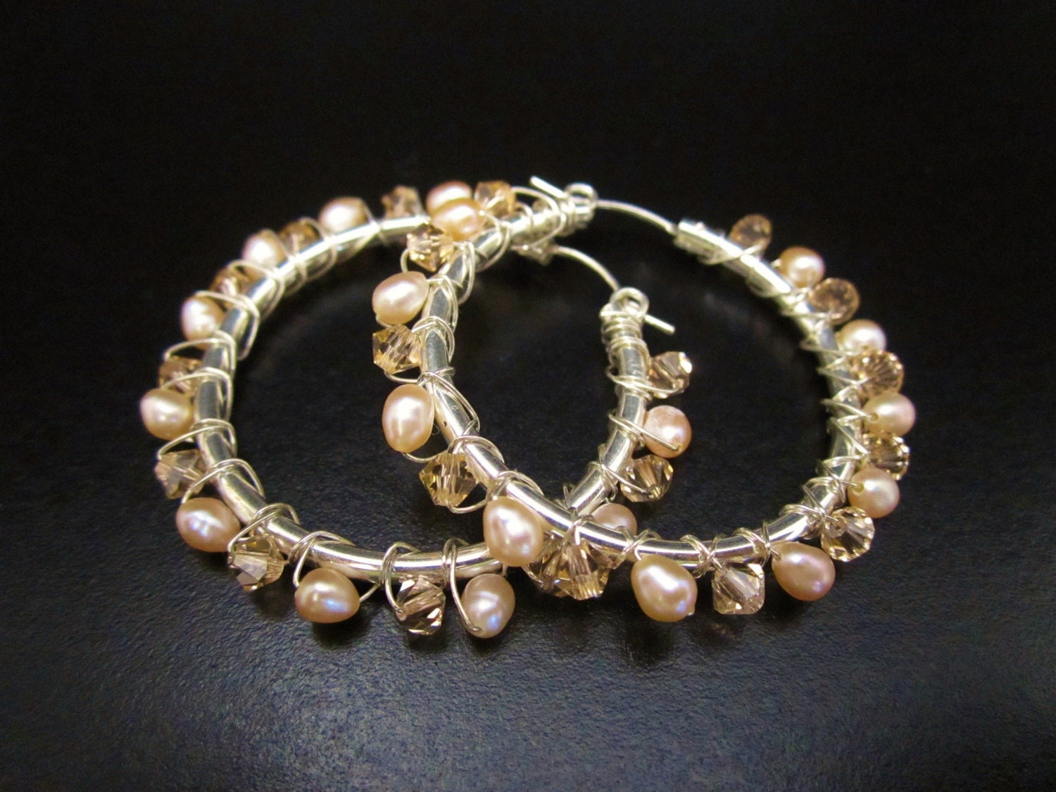 Wire Wrapped Hoop Earrings in  Swarovski Crystals & Pearl (peach) (1 3/4 inch)