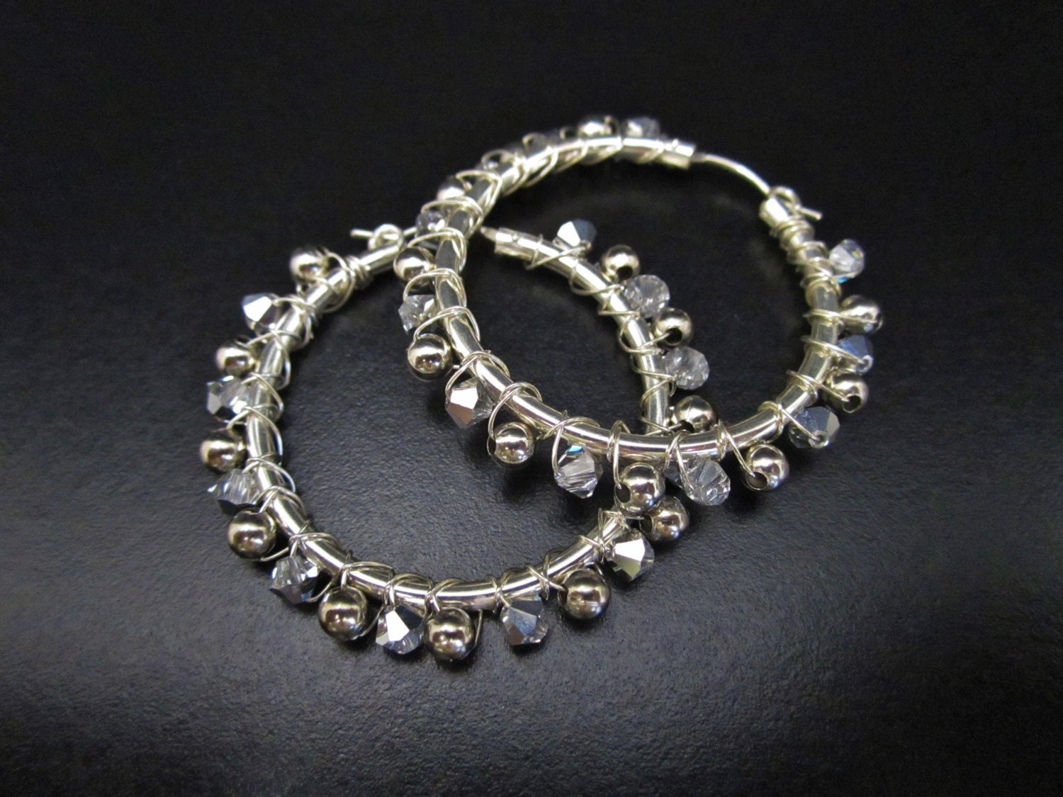 Silver Hoop Earrings with Swarovski Crystals (1 3/4 inch) - Women Jewelry Under 50