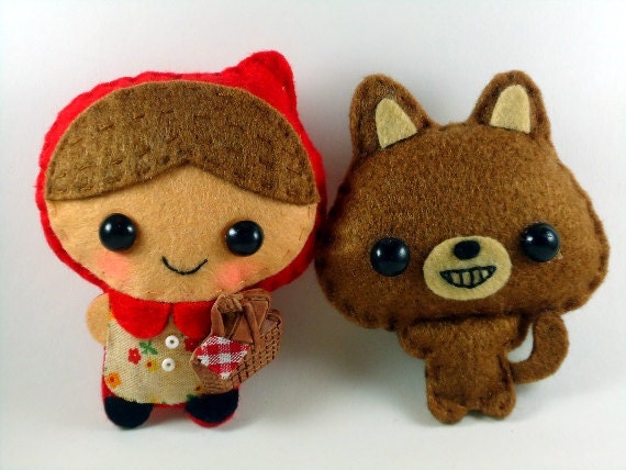 Little Red Riding Hood and the Wolf Special Lot - felt plush dolls in a kawaii style - use as pins, magnets or Christmas ornaments