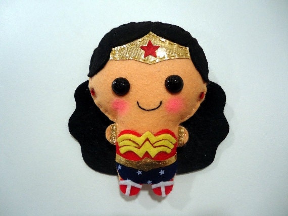Wonder Woman felt plush doll in a kawaii style - use as pin, keychain, magnet or Christmas ornament ( your choice )