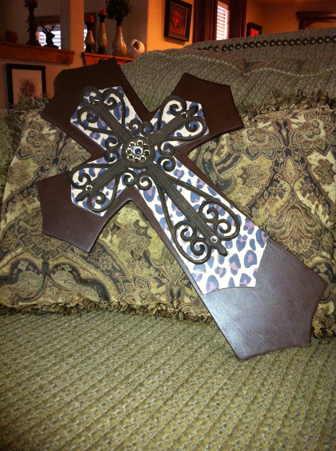 Large Brown and Leopard print Wood Cross