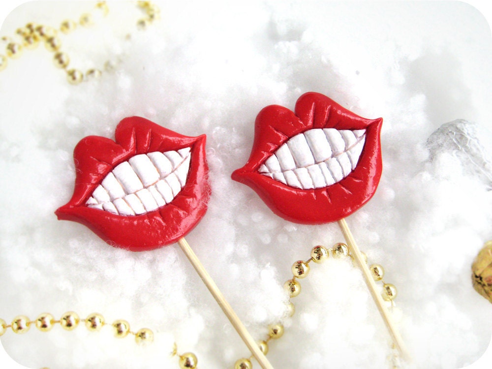 Two Plastic Lips with teeth on a  Stick - Christmas, Wedding, party photobooth