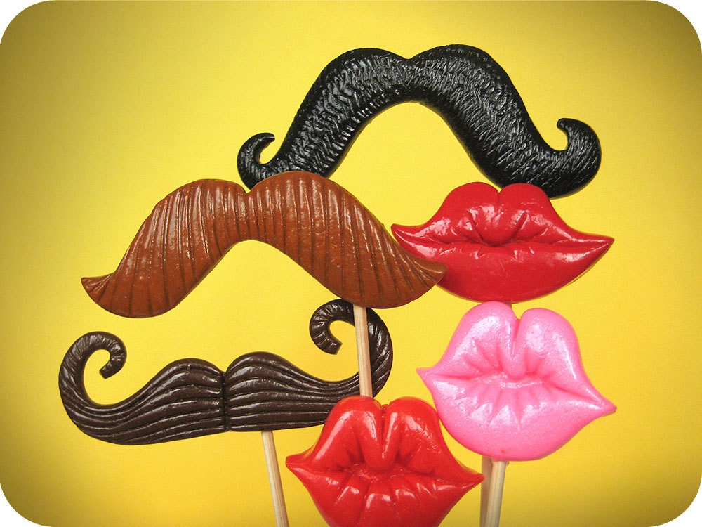 Plastic Mustaches and Lips on sticks - Set of 6 - Multicolor and mix style- Wedding photobooth props