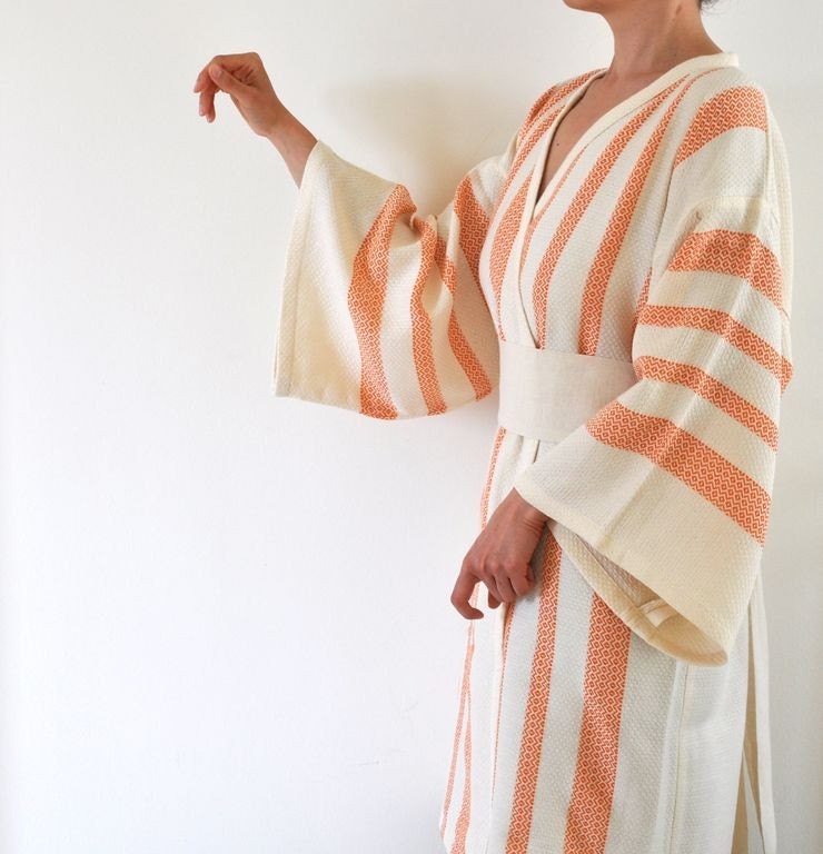 Robe Kimono Robe Peshtemal Robe Eco Friendly Extra Soft Cotton Wearable Turkish Bath Towel Caftan Obi Belt Ivory Orange Coral