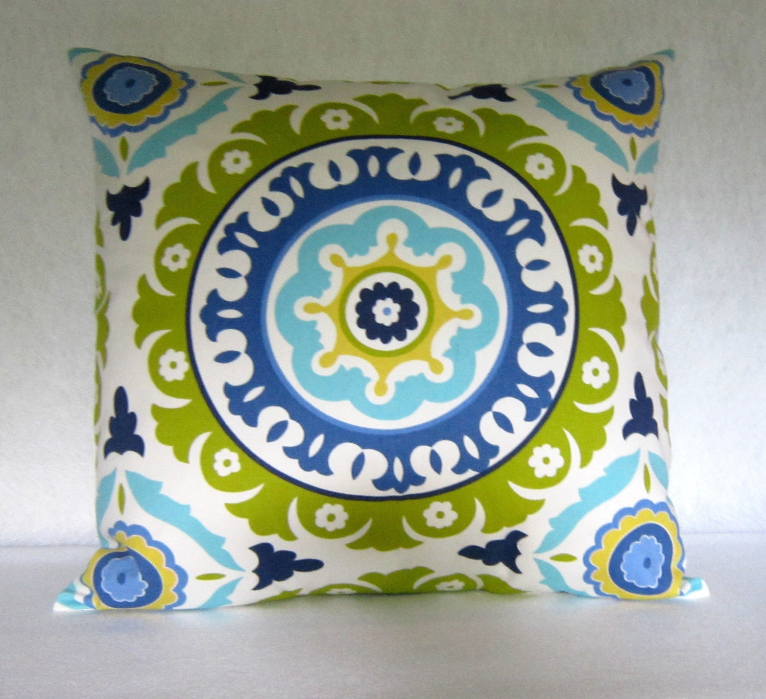 Suzani Decorative Pillow cover in "Solar Flair" Lime Indigo