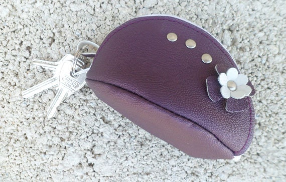 Purple Artificial Leather Key Purse, Key Wallet With Flowers
