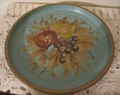 Metal Tole Tray Blue and Gold Round Vintage Tray Fruit Decor