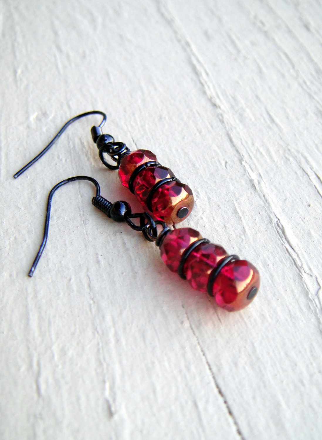 Pink Earrings, Stacking Crystals With Black Spacers - Raspberry Seeds