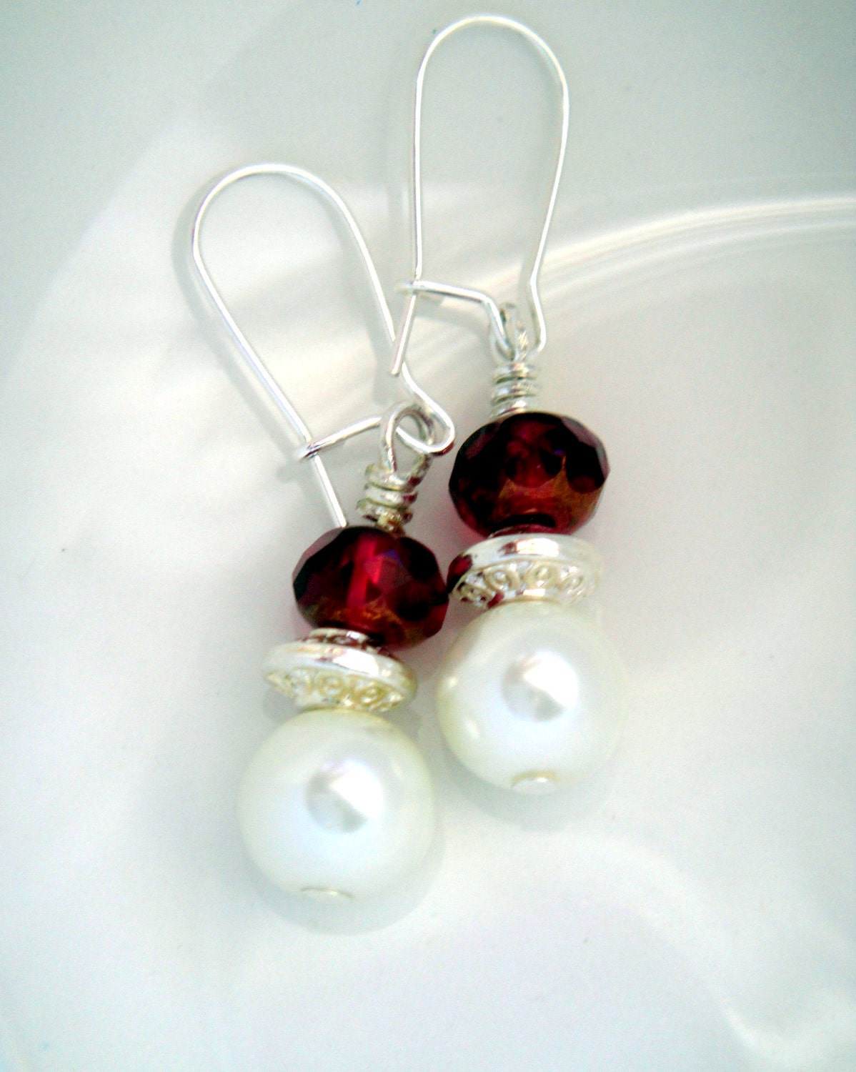 Pearl Earrings with Raspberry Pink Czech Glass Beads - Raspberry Ice
