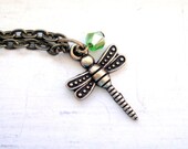 Dragonfly Necklace - Green Swarovski Crystal and Dragonfly Charm in Antique Brass - Charm Necklace, Green, Dragonfly