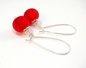 Red Earrings, Silver Earrings with Red Matte Sea Glass and Silver Accent Dangles - Cherry Red Dangle