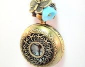 Steampunk Pocket Watch Necklace - Butterfly Charm and Blue Glass Flowers on Pocekt Watch Necklace - Steampunk Lite For Her