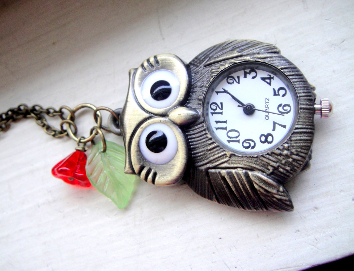 Owl Pocket Watch Necklace - Antique Brass Watch, Red Flower and Green Leaf - Harry Potter, Hedwig, Owl Watch Necklace