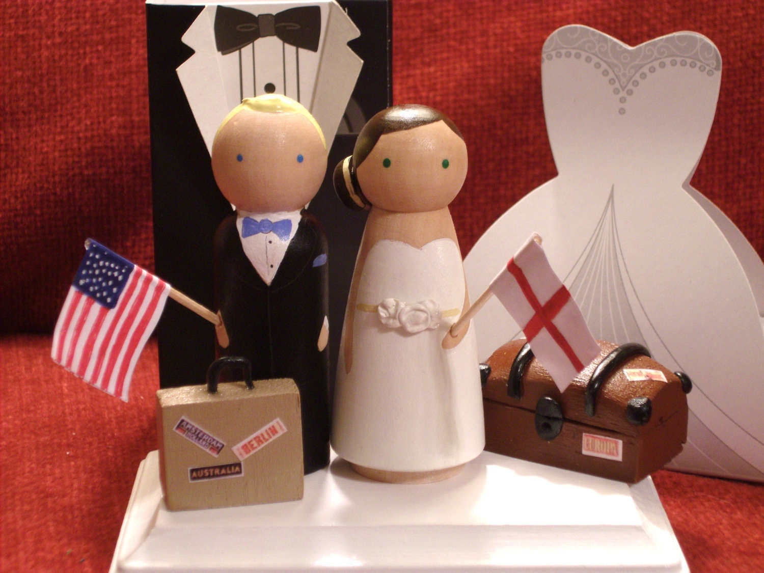 Custom Cake Topper - Personalized Wood Doll Topper -Vintage Travel Theme---3-D Accents