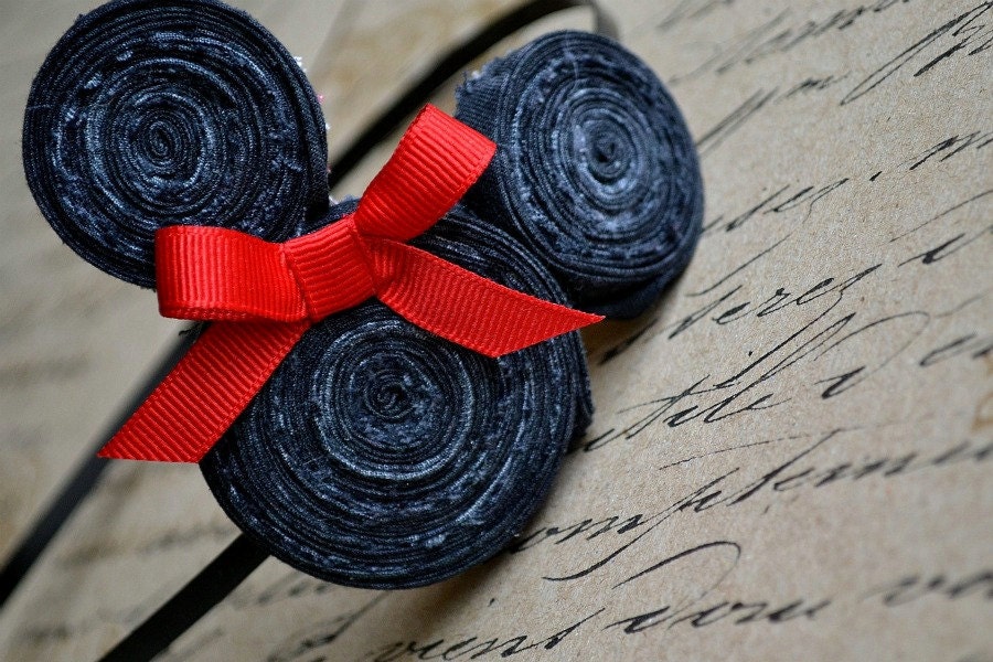 Minnie Mouse Inspired Fabric Rosette Headband with Red Bow