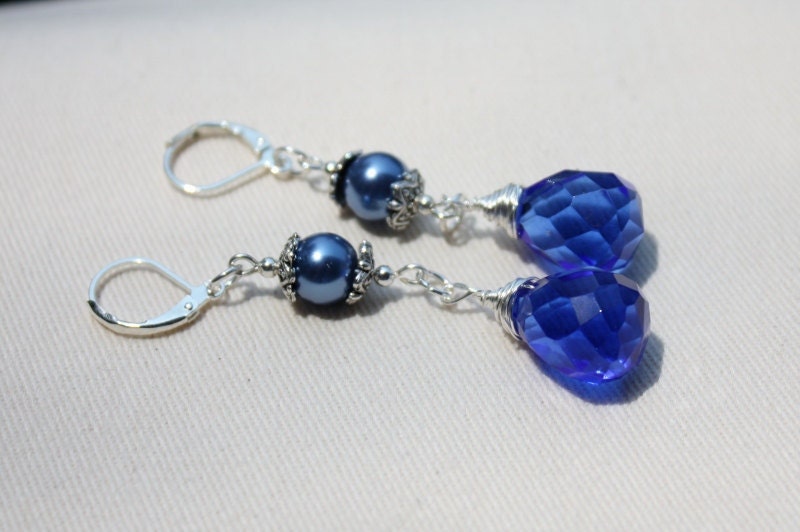 Blue Pearl Earrings, Blue Briolette, Bridesmaid, Wedding Jewelry, Bridal