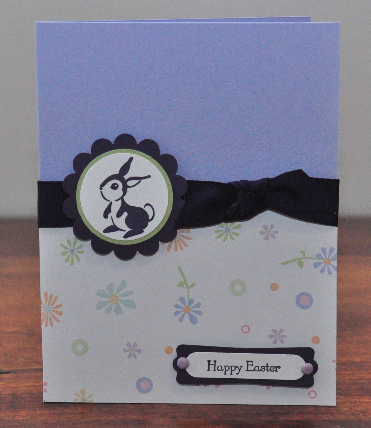 Happy Easter Greeting Card, Bunny, Rabbit, Spring, Purple, Flowers, Ribbon, Lavendar, White, Stamped, Blank Inside