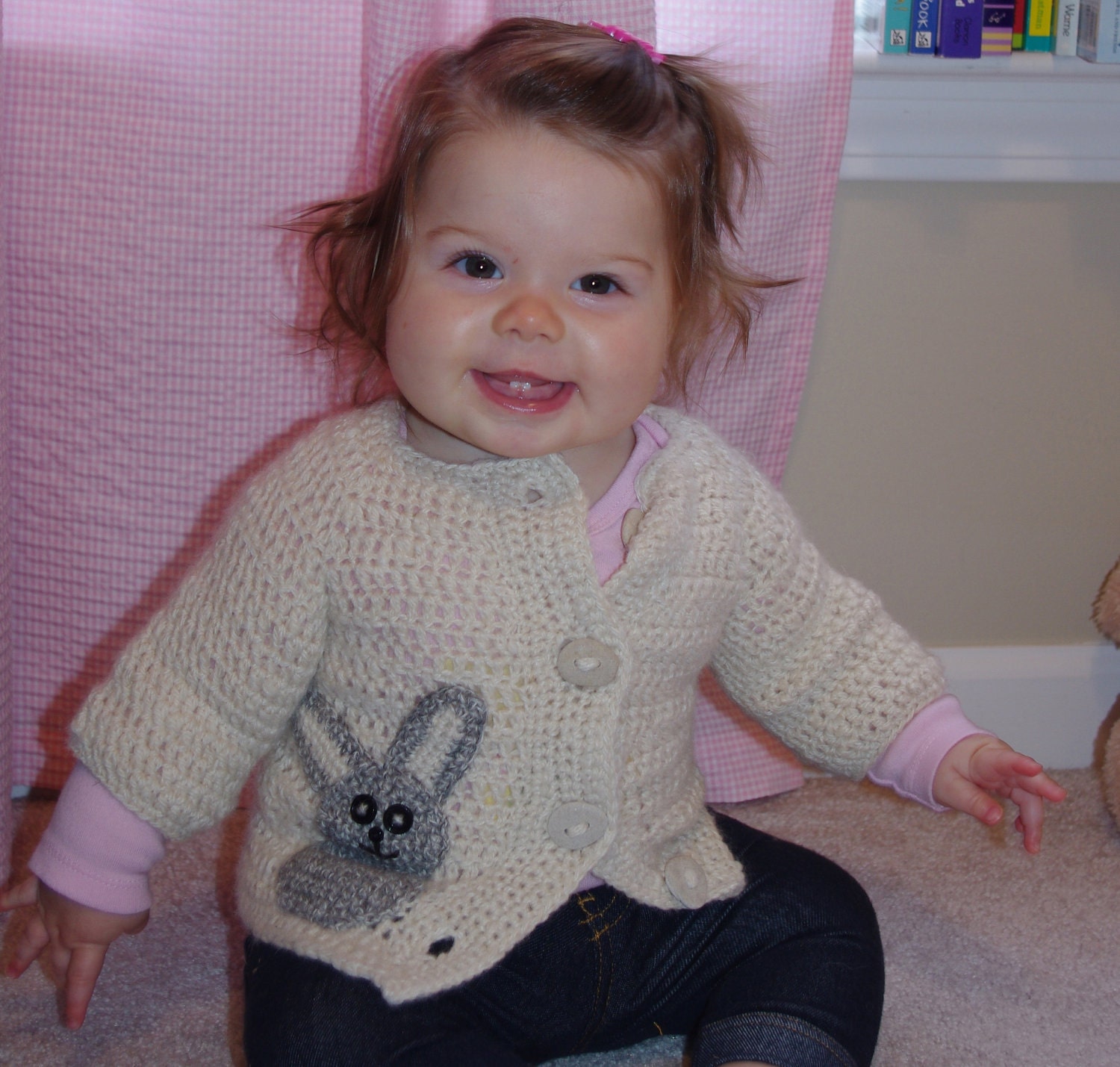Natural Undyed Alpaca Baby Cardigan Sweater with Bunny Motif