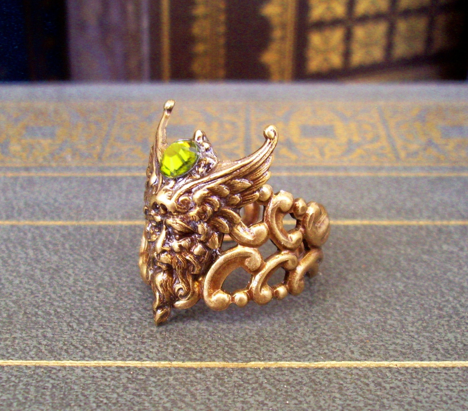 Steampunk Ring (R43-2) - Green Man - Astraeus God of Dusk - Brass Adjustable Ringband