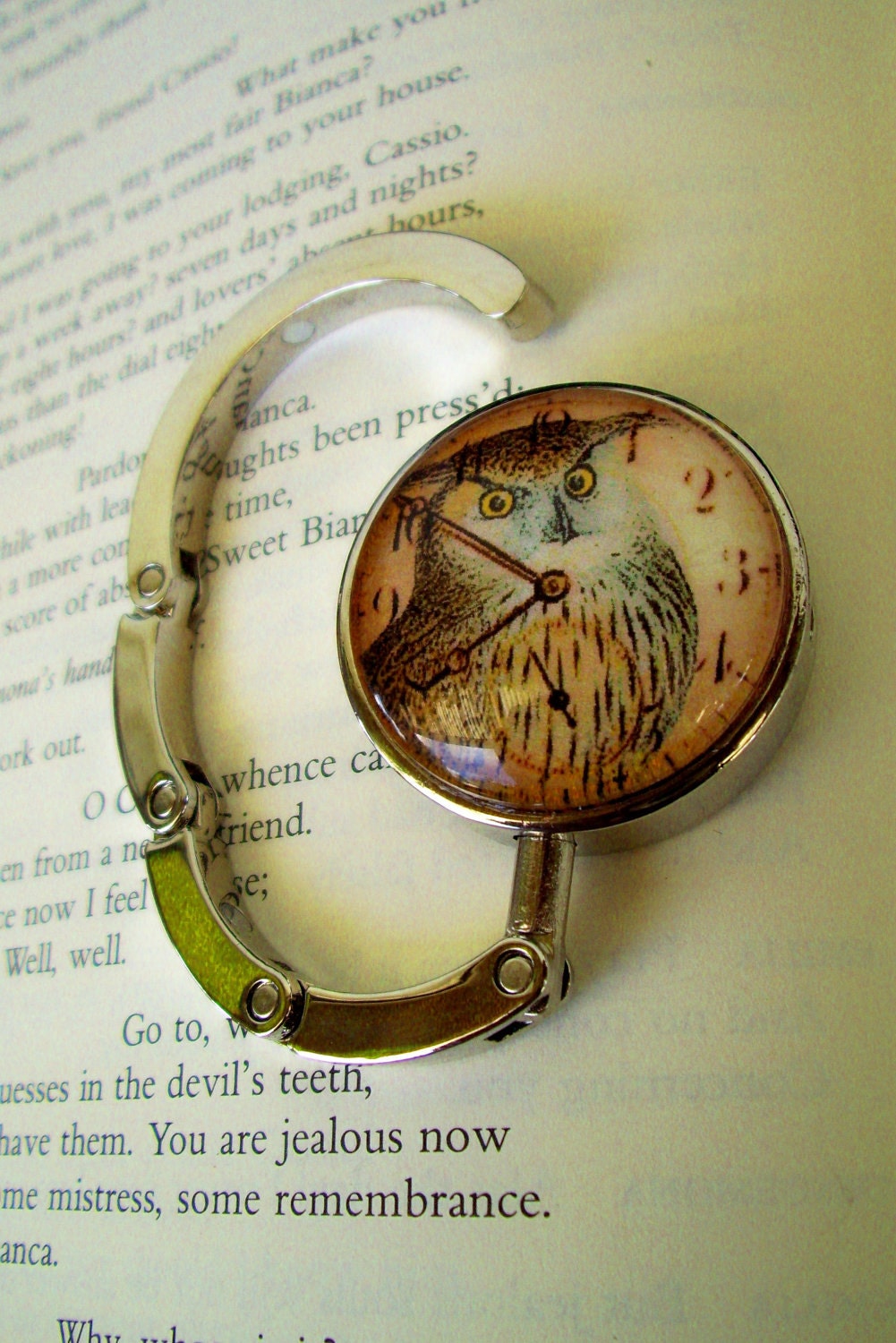 Steampunk Bag/Purse or Hat Hanger (H48-4) - Vintage Artwork Under Glass - Victorian / Goth Design - Owl Clockface