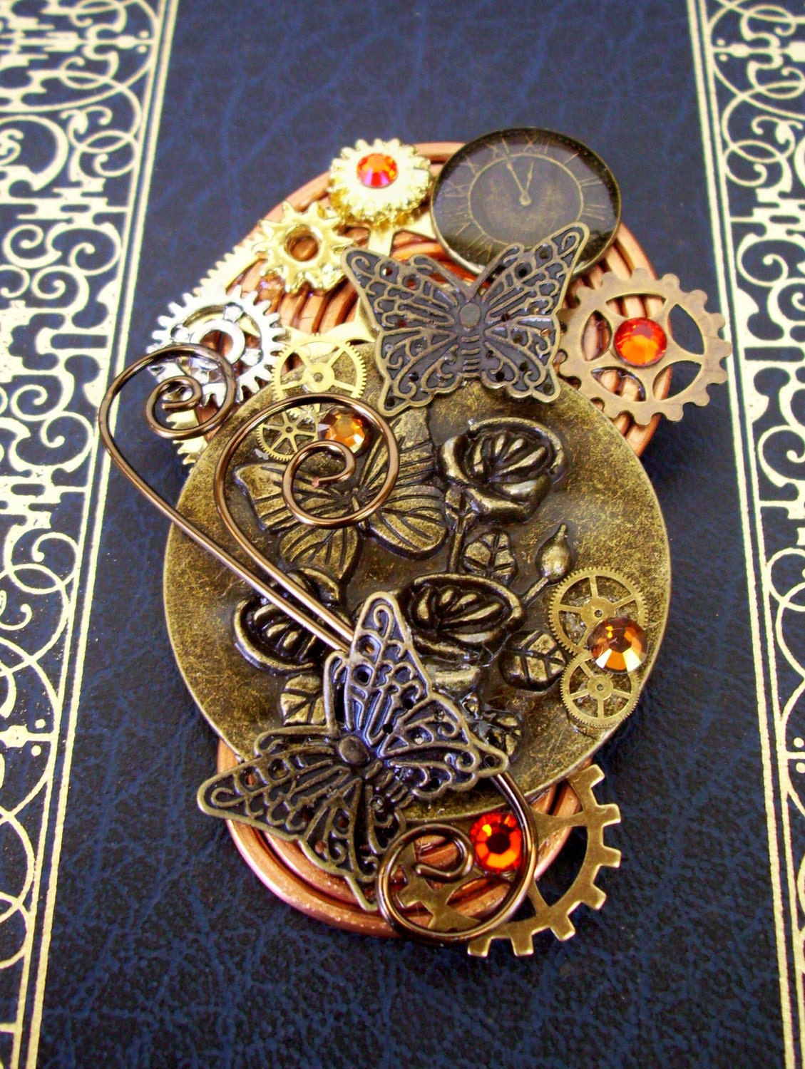 Steampunk Brooch (Pin118) - Butterfly Design - Clockface - Swirls and Gears - Swarovski Crystals