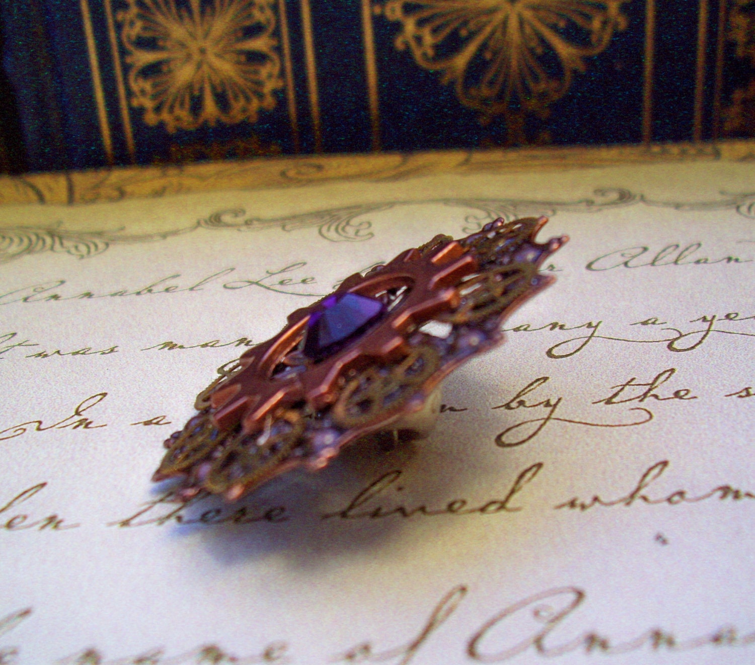 Steampunk Tie Tack or Pin (T25-6) - Copper Filigree with Brass Gears - Swarovski Crystals