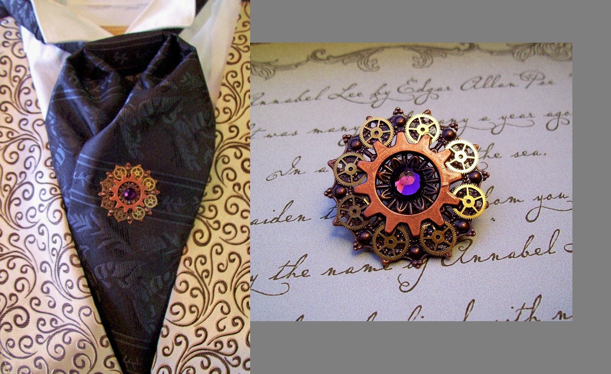 Steampunk Tie Tack or Pin (T25-6) - Copper Filigree with Brass Gears - Swarovski Crystals