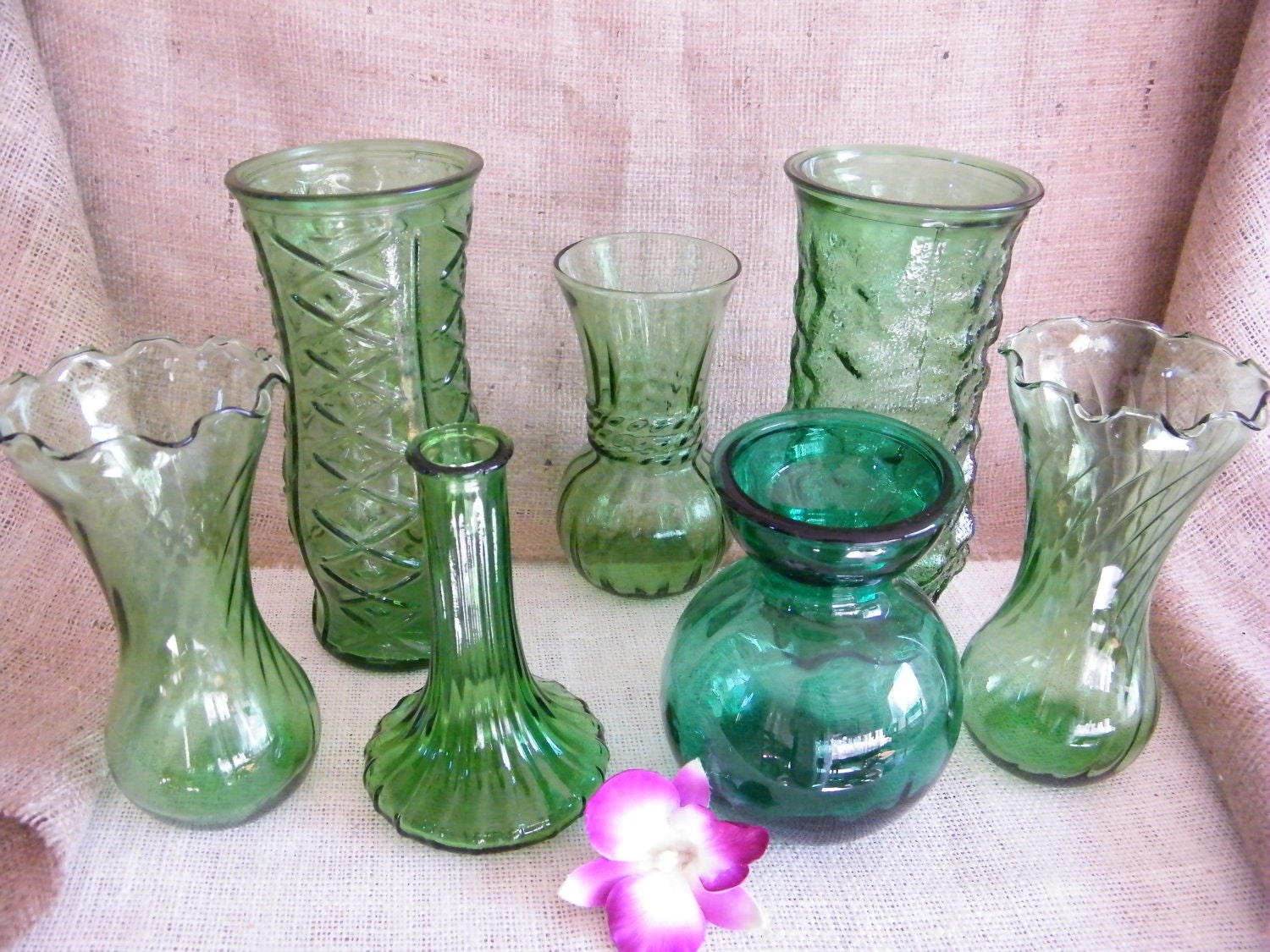 Set of 7 Vintage GREEN glass bud vases-Wedding Reception-Special Event-Instant Collection-Garden Theme Party- Vases