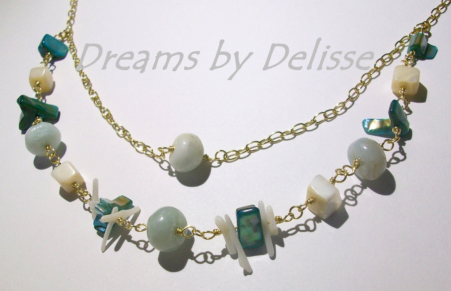 Necklace - Amazonite and Mother of Pearl Necklace - OOAK Gold Layered Necklace