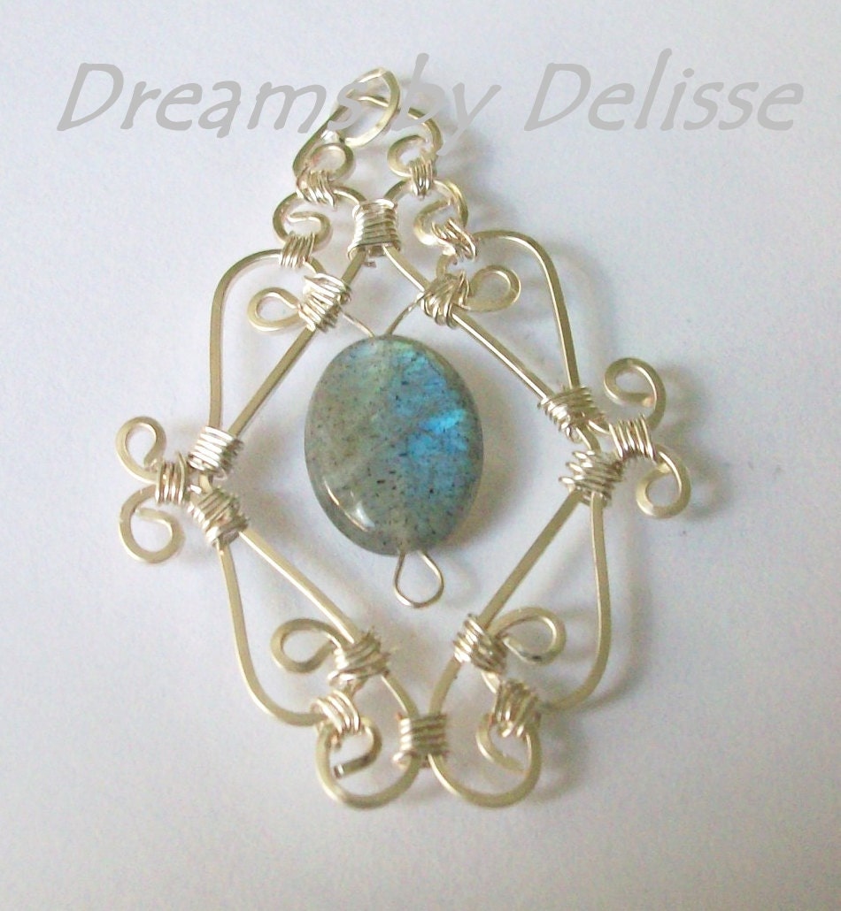 Labradorite Pendant Wire Wrapped Filigree - Color Flash